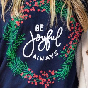 Be Joyful Always Navy Christmas Wreath Long Sleeve T-Shirt Top